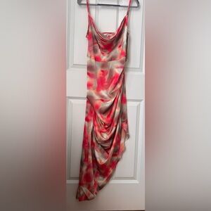 Micas Tie Dye Print Satin Draped Cowl Neck Sleeveless Asymmetrical Dress